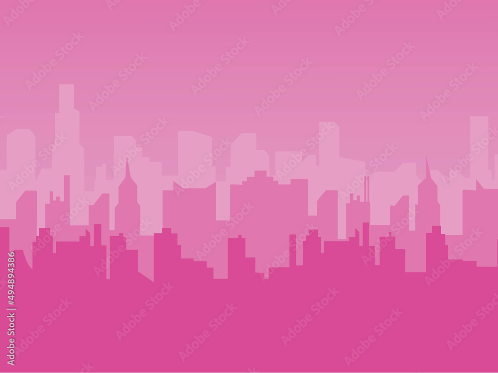 Sticker Illustration of the silhouette of a modern city with skyscrapers and buildings in pink colors