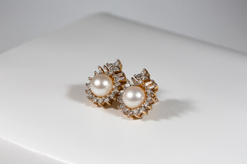 White Pearl Earring with Prong Studded Diamond Halo Earring in Yellow Gold