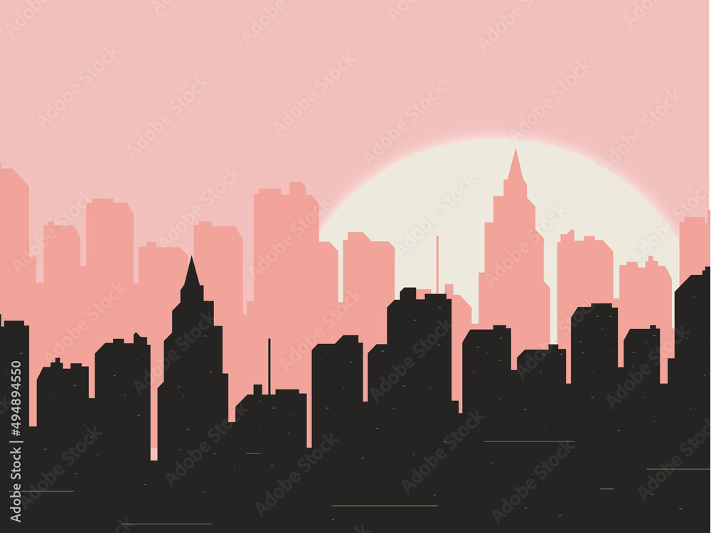 Sticker Illustration of the silhouette of a modern city with skyscrapers and buildings at sunset