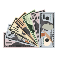 American dollar Vector Illustration. USA money set bundle banknotes. Paper money 5, 10, 20, 50, 100 USD. Flat style. Isolated on white background. Simple minimal design.