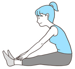 ハムストリングスストレッチ、長座体前屈、太ももの裏を伸ばす体操をする女性、シンプルな色