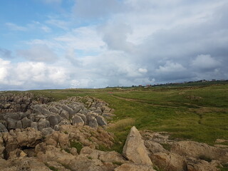 People walking in a track in a meadow with rocks