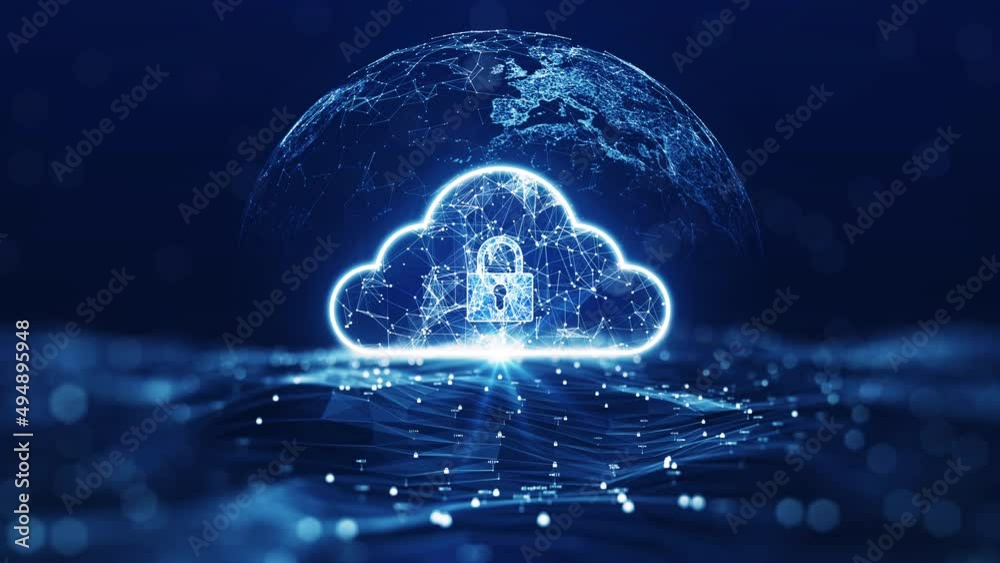 Aufkleber cloud computing technology concept transfer database to cloud. There is a large cloud icon that stands out in the center of the abstract world over a slow moving polygon with a dark blue background.