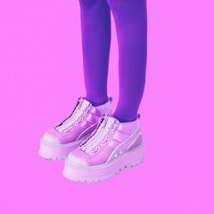 Contemporary digital collage art. Sneakers platform shoes unrecognizable feet in isometry. Fashion footwear concept