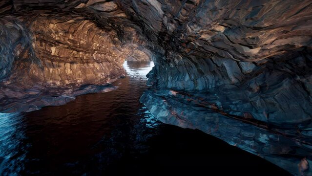Traveling deep inside a rocky cave to its large open center.