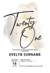 Birthday card party invitation in vector. Twenty one birthday crd template luxury elegance card with watercolor background in beige grey colors gold splashes 