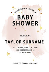Baby shower pink invitation, baby girl  birthday design card in vector . Holiday announcement , newborn celebration invite 