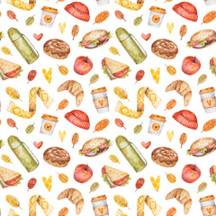 Cute autumn pattern. Watercolor seamless pattern with yellow leaves, food and drinks - coffee, hamburger, croissant, cinnamon bun, sandwich, thermos. Hand-drawn texture.
