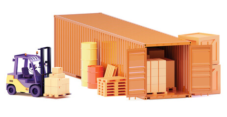 Vector shipping container and forklift. Maritime cargo container loading with pallets and cardboard boxes. Shipping, storage and goods transport. International trade, import and export illustration - obrazy, fototapety, plakaty