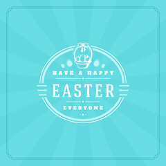 Happy easter greeting card design text template and badge vector design. Happy easter typography message vintage style on blue starburst background.