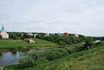 Fototapeta na wymiar View of the Dnieper River and the Zadneprovsky district in Smolensk