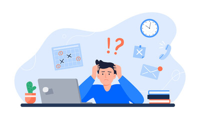 Exhausted man sitting at his workplace with a computer. Freelancer is stressed through a lot of work. Emotional burnout concept. Vector colorful flat illustration.
