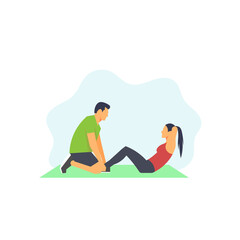 Woman doing sit up workout simple flat vector character illustration.