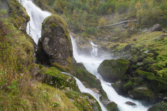 Kleivafossen Waterfall seen from the Briksdalsbreen Trail, Norway