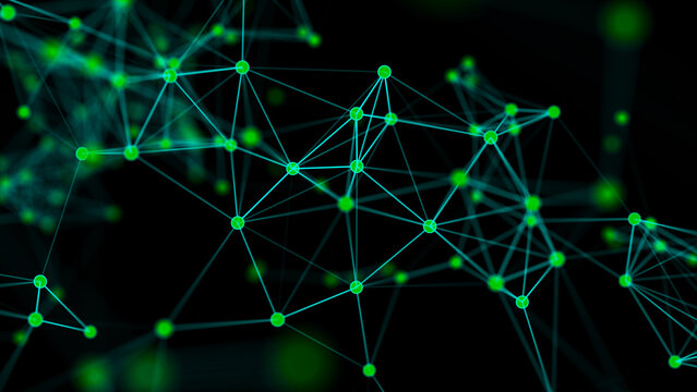 3D illustration.Of a light green network with flickering spots and numerous figures, connected by lines and dots on dark green background. 3D rendering.