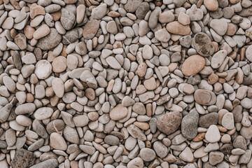 Pebble beach. Coast Colorful sea pebbles, natural background, texture. Close-up from above. Place for text