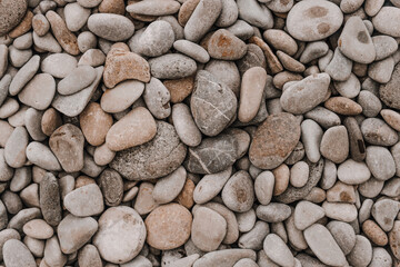 Pebble beach. Coast Colorful sea pebbles, natural background, texture. Close-up from above. Place for text