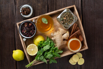 A set of products and fruits of traditional medicine for medicinal tea