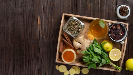 A set of products and fruits of traditional medicine for medicinal tea