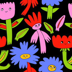 Obraz na płótnie Canvas 1970 good vibes and 1970 daisy flower.vector psychedelic art - seamless pattern with hippie flowers.Funky and groovy floral ornament.Vibrant square textile with flowers dudes characters. 
