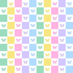 Pastel Rainbow Cute Beautiful Butterfly Checkered Gingham Pattern Square Background Vector Cartoon Illustration Tablecloth, Picnic mat wrap paper, Mat, Fabric, Textile, Scarf.