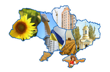 Collage with map of Ukraine isolated on white
