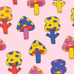vector psychedelic art - seamless pattern with mushroom characters.Funky vibrant fungus ornament.Vibrant square textile with cap dudes characters.Hippiewallpaper in the style of the 70s and 80