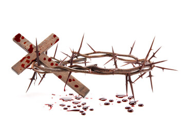 Crown of thorns, wooden cross and blood drops on white background. Jesus Christ's sacrifice and...
