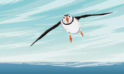 Atlantic puffin flies in the blue summer sky. Scandinavian bird Fratercula arctica or common puffin. Realistic vector landscape