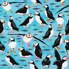 Seamless pattern with Atlantic puffin. Realistic Fratercula arctica or common puffin birds in different poses. vector birds