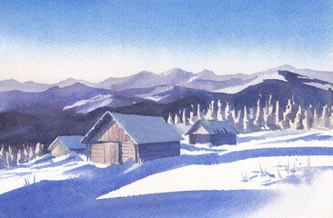 Watercolor landscape. Winter village in the mountains surrounded by forest.