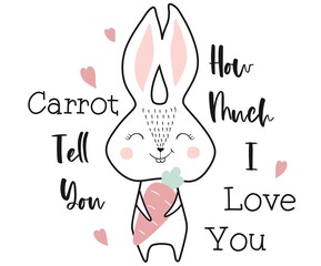 Sweet bunny with carrots and hearts. Cute cartoon easter