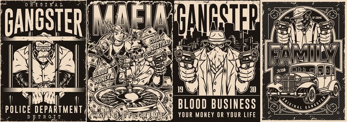 Monochrome posters set with criminal gang