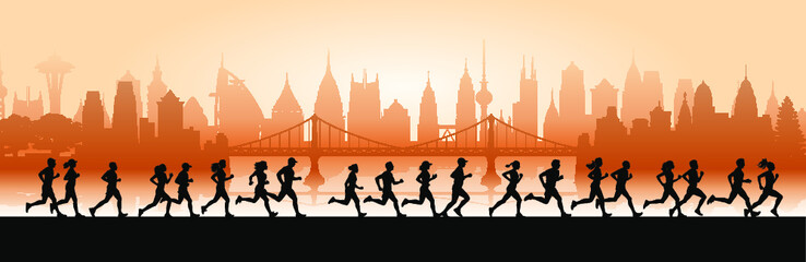 Group of men and women run a marathon with a cityscape background vector silhouette
