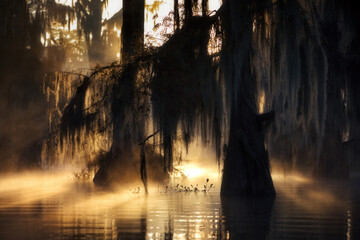 Beautiful cypress swamps in the USA during a foggy autumn evening - obrazy, fototapety, plakaty