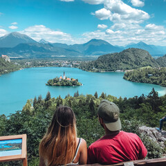 Couple view on lake Bled Slovenia