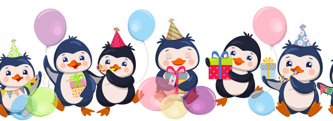 Seamless border with funny little penguins in holiday hats, in different poses, with gifts and balloons