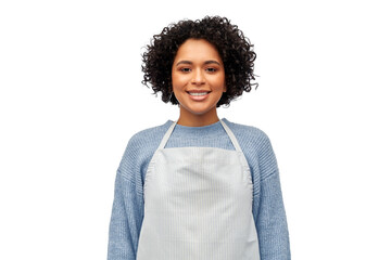 cooking, culinary and people concept - happy smiling woman in apron over white background