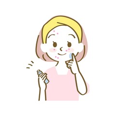 イラスト素材：ニキビや吹き出物に薬を塗る女性のアイコン（ニキビ/手描きパステル/上半身）
