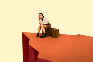 Cartoon style illustration of sad girl got to abandoned railway tracks in desert and missed her train bus transport wait alone afraid night coming - Powered by Adobe