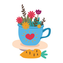 Mug with spring flowers. Image of a vase and carrot. Flower pot with the image of the heart in cartoon flat and naive style
