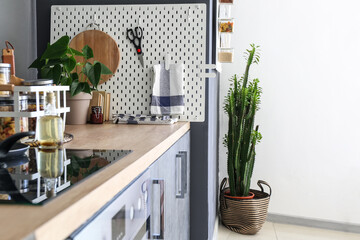 Pegboard with utensils on counter near dark wall in stylish kitchen