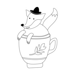 Fox sits in a mug. Vector Illustration in cartoon page or book for kids and adults