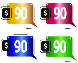 $90 dollars price. Yellow, red, blue and green coin labels.
vector for sales and purchase