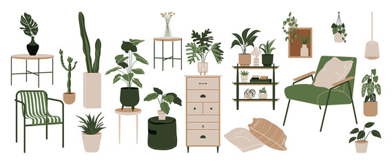 Green home decoration vector set. Scandinavian hygge style interior with furniture. Home plants in flower pot. Flat vector cartoon illustration isolated on white background.