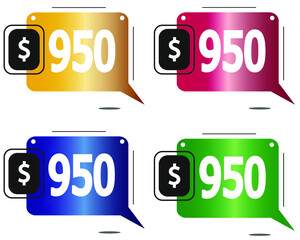 $950 dollars price. Yellow, red, blue and green coin labels.
vector for sales and purchase