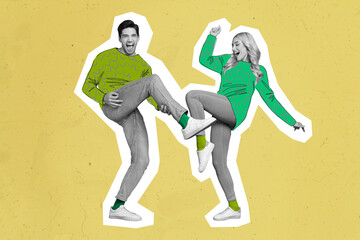 Full length photo collage in old fashion pin up pop art style two funny people man girl dancing...