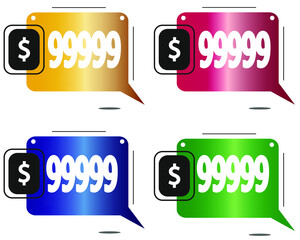 $99999 dollars price. Yellow, red, blue and green coin labels.
vector for sales and purchase