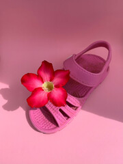 Fototapeta na wymiar Old and wasted cute children sandals with adenium flower on the top. The images were shot on pink studio background with a top view angle.