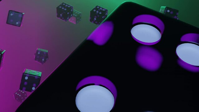 Purple dice falling down on gradient background. Gambling concept. Casino.